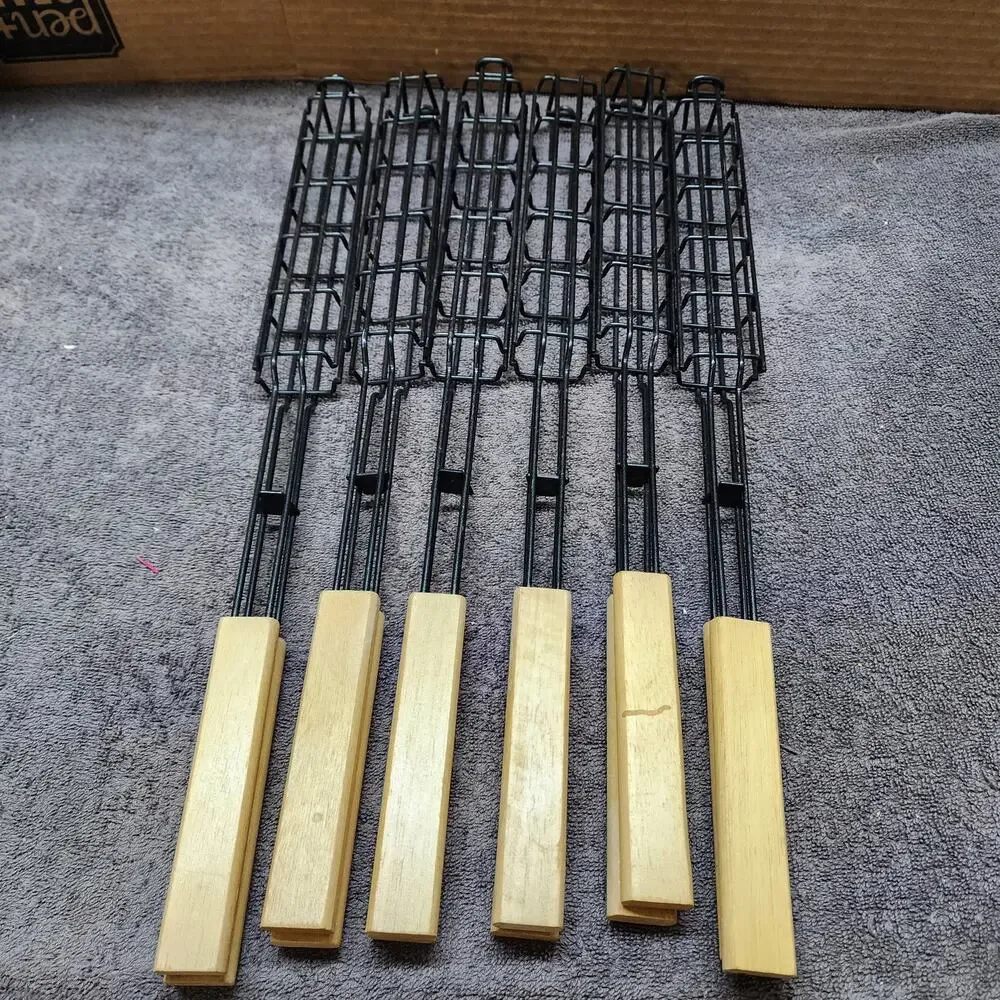 Set of 6 Grill Kabob sticks holders wooden handles b49